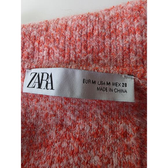 ZARA Pink Orange Heathered Checkered Boxy V-Neck Sweater SZ M - Picture 5 of 9